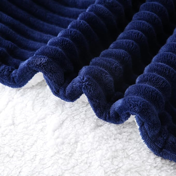 Navy Blue Sherpa Fleece Throw Blanket 60”×80”for Couch Sofa Bed | Double Side Soft Fuzzy Cozy Plush Thick Flannel Blanket with Striped Design Gift for Adults,Woman