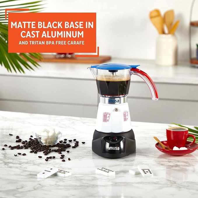 Imusa Special Edition Electric Cuba/Domino themed Espresso Maker, 3 or 6 Cups, White, Red, Blue | Brews 3 or 6 Cups, Ideal for Entertaining and Office