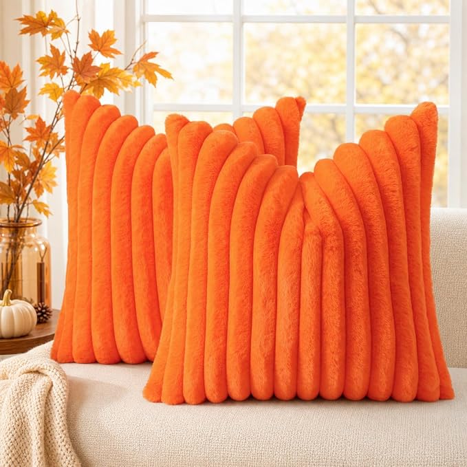 decorUhome Fall Faux Fur Throw Pillow Covers 20x20 Set of 2 Orange | Decorative Soft Cozy Striped Plush Modern Farmhouse Boho Couch Pillow Cases Velvet Back for Sofa Bed Living Room Home Decor