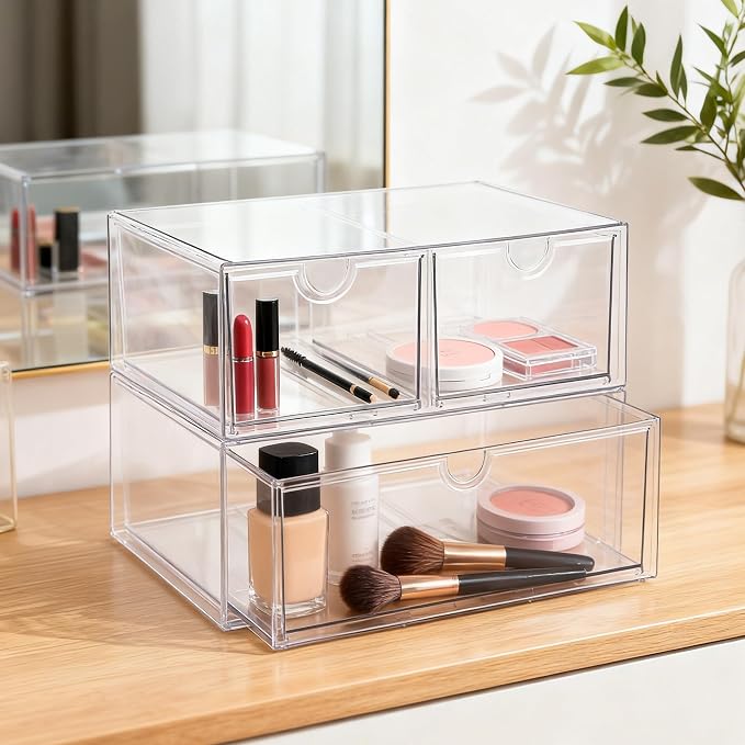 Prsildan Acrylic Drawer Makeup Organizer with 3 Drawers, Clear Stackable Storage for Baby Bottles, Craft, Jewelry & Hair Accessories, Multi-Use for Vanity, Countertop, Office Desk Organization