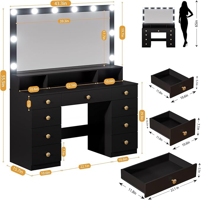Vanity Desk with Large Mirror and Lights, Makeup Vanity with Power Outlet, 9 Drawers & Shelf Storage, Black Vanity with 3 Lighting Modes, Dressing Vanity Table for Women, Girls, Bedroom