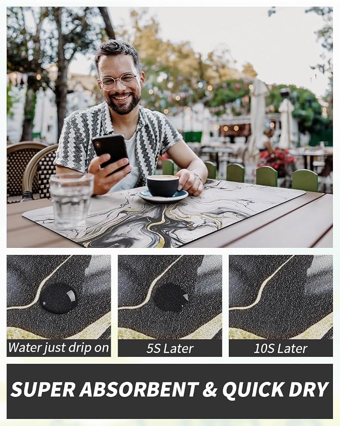 AMOAMI Dish Drying Mat for Kitchen Counter-Coffee Mat Bar Accessories, Hide Stain, Rubber Backed, Absorbent, Fit Under Coffee Maker, Espresso Machine, Pot, Dish Rack,(16X24,Marble,Black)