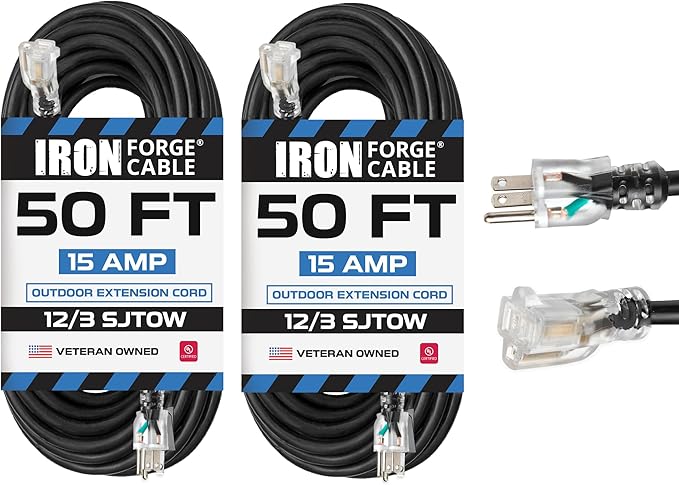 Iron Forge Cable 2 Pack 12 Gauge Outdoor Extension Cord 50 Ft, SJTOW 12/3 Heavy Duty Extension Cord 3 Prong - Oil Resistant & Flame Retardant