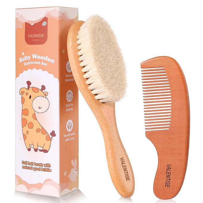 Baby Hair Bush and Comb Set,Baby Hair Brush with Soft Goat Bristle and Wood Comb Set,Wooden Baby Brush Set for Newborns & Toddlers,Good for Cradle Cap Brush