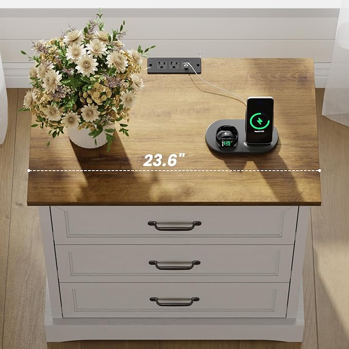 NightStand with Charging Station, Farmhouse 23.6" W Bedside Table with 4 Drawers, Night Stand for Bedroom, Home Office, White & Brown