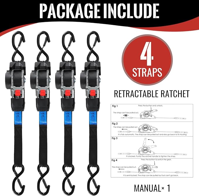 TLGREEN Retractable Ratchet Straps,Black,4 Pack,1” x 10’1650lb Break Strength Heavy Duty Auto Self Retracting Tie Down Straps for Truck, Cargo, Motorcycle, ATV, UTV,Boat