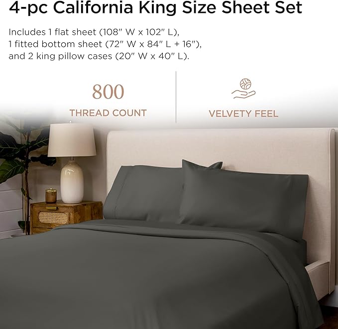 Threadmill Luxury 800 Thread Count California King 100% Cotton Sheets - Dark Grey Sateen Weave Bed-Sheets, Better Than Egyptian Cotton,4 Pc Solid Bedding Set, Fits 16" Deep Pocket