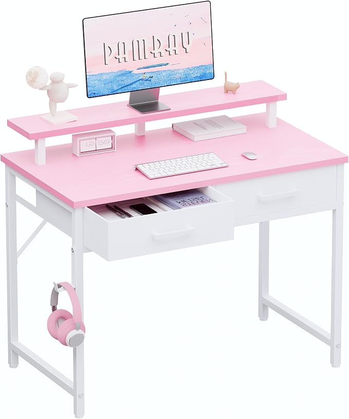 Pamray 32 Inch Small Computer Desk with Monitor Stand and 2 Drawers | Small Gaming Desk, for Bedroom Apartment and Dorm, for Study Work and Writing, Small Spaces, Sturdy, Easy Assembly