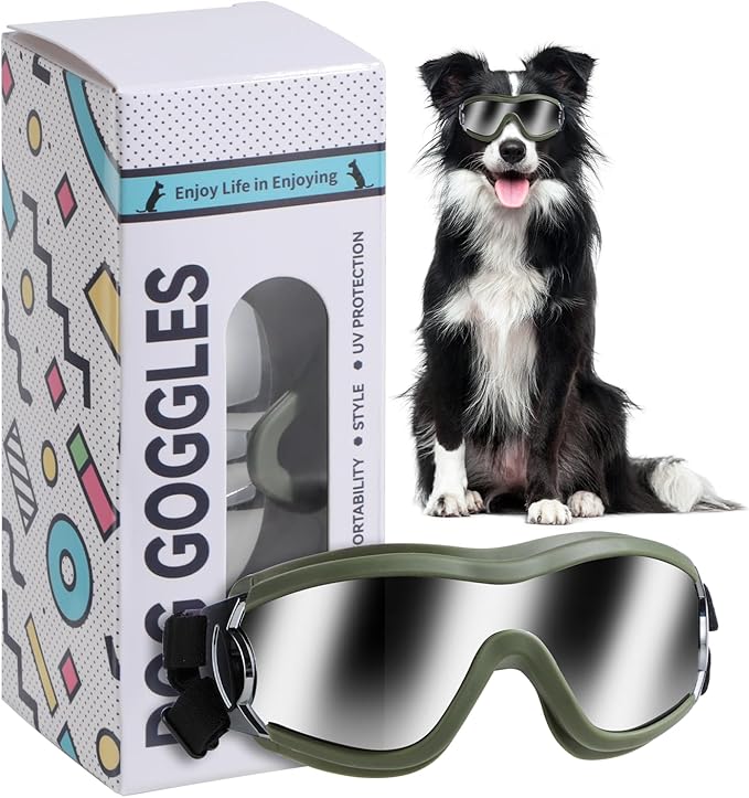 NVTED Dog Sunglasses Goggles, UV Wind Dust Fog Protection Pet Glasses Eye Wear Protection with Adjustable Strap for Medium or Large Dog (Green)