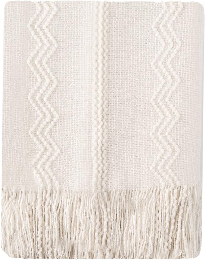 BATTILO HOME Cream Throw Blanket for Couch, Bedroom Decor Boho Throw Blanket, Decorative White Blanket Throw for Sofa Living Room, 50"x60"