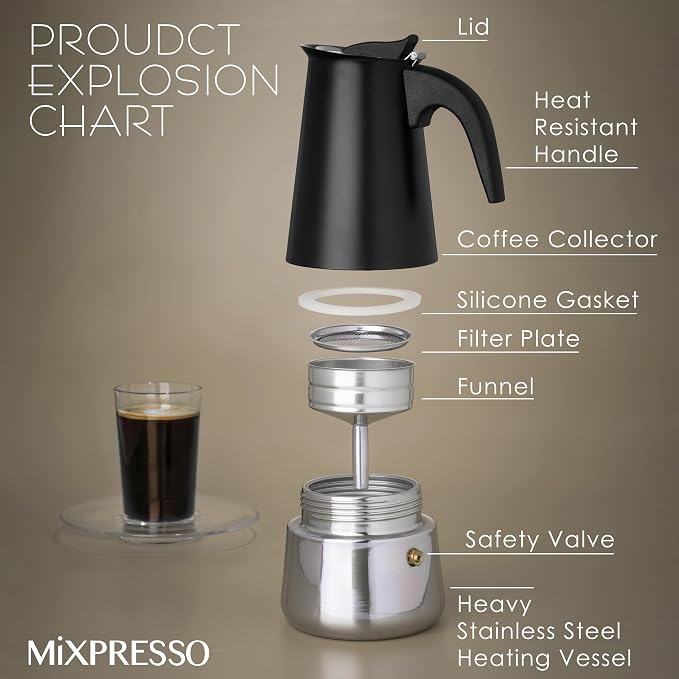 Mixpresso 9 Cup Greca Moka Pot, Stainless Steel Stovetop Espresso Maker | 450ml/15oz Italian stovetop coffee maker with classic percolator design, ideal for preparing coffee at home or while camping