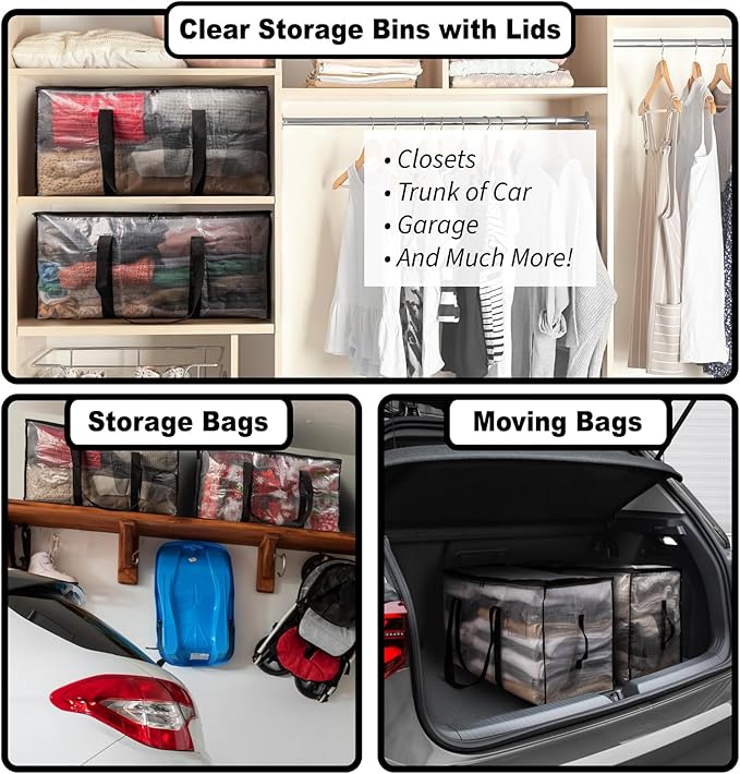 ClearSpace Heavy Duty Moving Bags or Storage Bags – Clear Storage Bins with Lids, Large Moving Boxes with Backpack Straps & Zippers – Packing Bags & Moving Supplies for College Dorm- 4 Pack