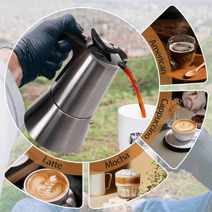 Electric Stainless Steel Moka Pot 6 Cup 300ml Mocha Pot | Espresso Maker with Detachable Base Ideal Coffee Maker for Home Italian and Cuban Café Coffeemaker Espressomaker Coffee Pot