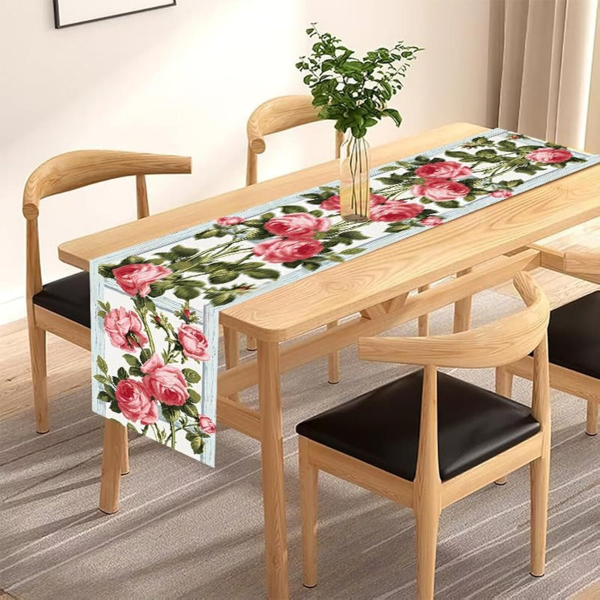 Pink Rose Eucalyptus Floral Leaves Summer Table Runner, Spring Kitchen Dining Table Decoration for Valentine's Day Home Party Decor 13x72 Inch (Pink)