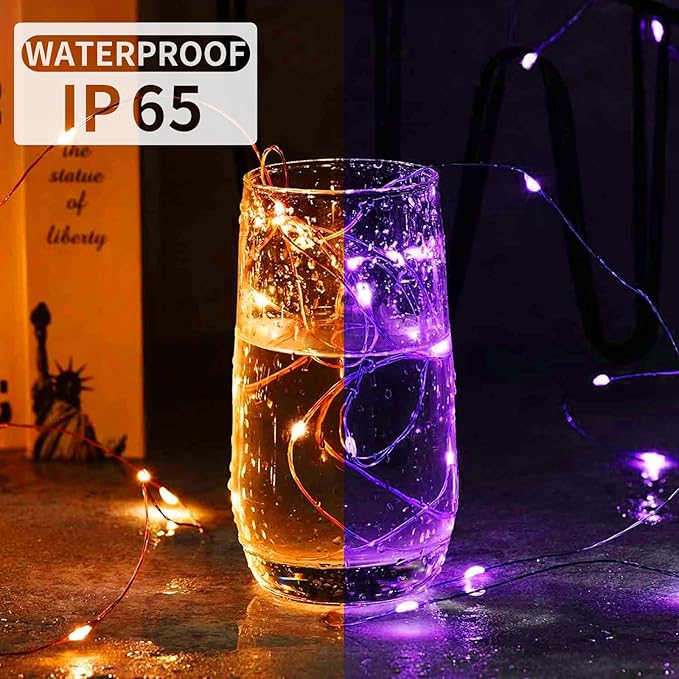 Aogist 100 Pack Fairy Lights 3 Modes 7ft 20 LED Waterproof,Battery Operated Silver Wire Firefly Starry Moon Mini String Lights for Mason Jars Christmas DIY Crafts Wedding Party Bedroom,Orange&Purple