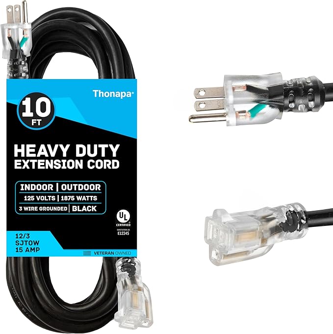 THONAPA 12 Gauge Heavy Duty Extension Cord 10 Ft, SJTOW Oil Resistant & Flame Retardant Black Extension Cord with 3 Prong 10 Foot, 12/3 Black Outdoor Electrical Cable Great for Farm, Ranch & Workshop