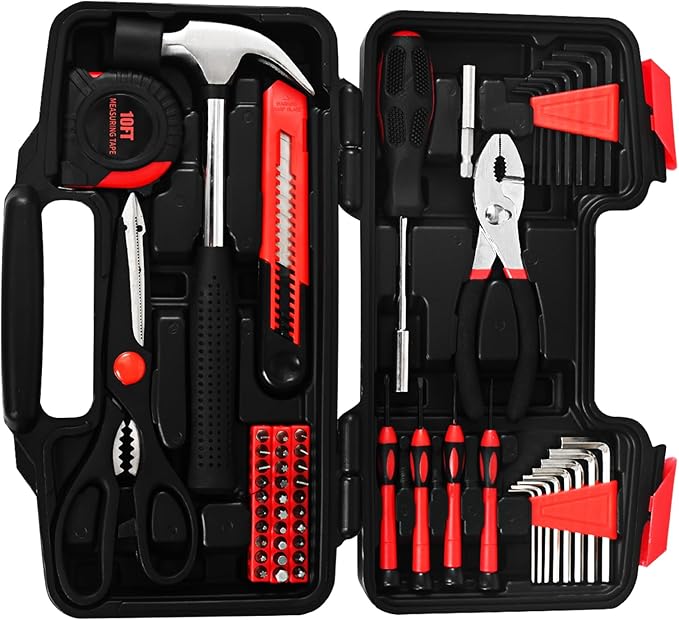 58-Piece Tool Kit Basic Home Repair Tool Set, General Household Hand Tool Kit,Small Tool Kit with Plastic Toolbox Mini Tool kit for Women, Office & College Repairs Red