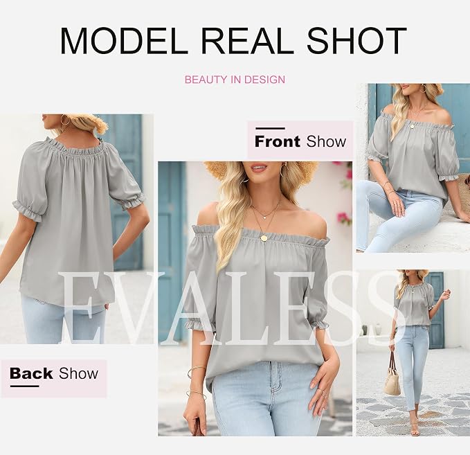 EVALESS Womens Tops Off The Shoulder Blouses for Women Dressy Casual Cute Puff Sleeve T Shirts Fashion 2026