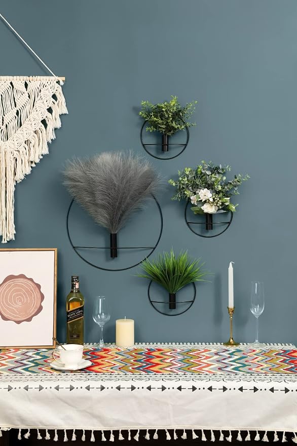 Pretty Jolly Boho Pampas Wall Decor Black Metal Wall-Mounted Art | Morden Artificial Greenery Display，2 Pack Eucalyptus Hanging Planter For Living Room, Bedroom, Bathroom, Dining room