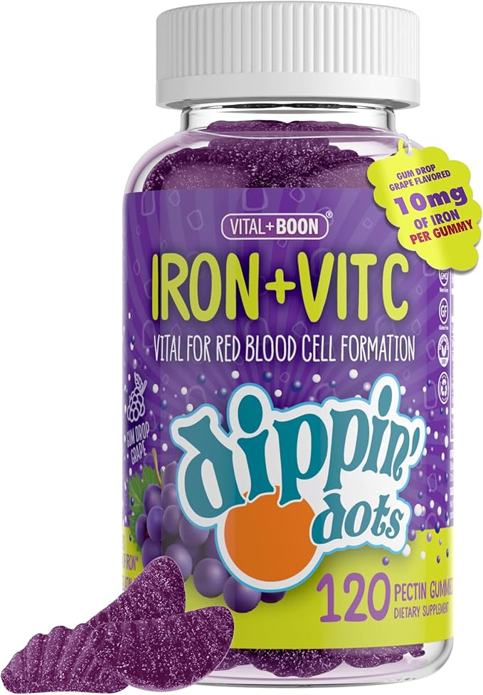 Iron with Vitamin C & B12 Gummies (120 Count) Vital for Red Blood Cell Formation | Gum Drop Grape Real Pectin Fruit Chew Supplements | Vegan, Non-GMO, Gluten Free & Gelatin Free