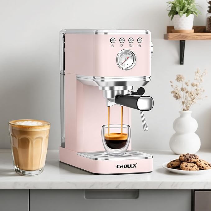 CHULUX Slim Espresso Machine with Milk Frother for Home Cappuccino, Pink | Precise Pressure Gauge, Food-Grade Materials, 20 Bar Italian Pump, Professional Temperature Control System, Stainless Steel