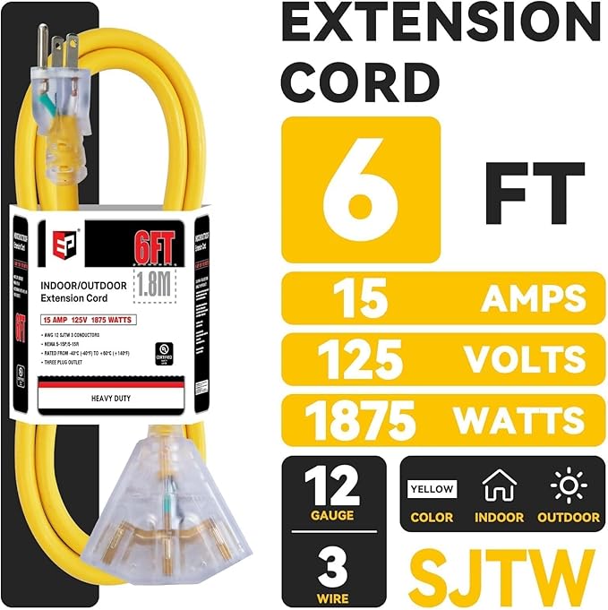 EP 6 Ft 12 Gauge Heavy Duty Extension Cord, 15A 125V 1875W, 3 Outlet Indoor/Outdoor Power Cord with Lighted End, 12/3 SJTW Weatherproof Yellow, UL Listed