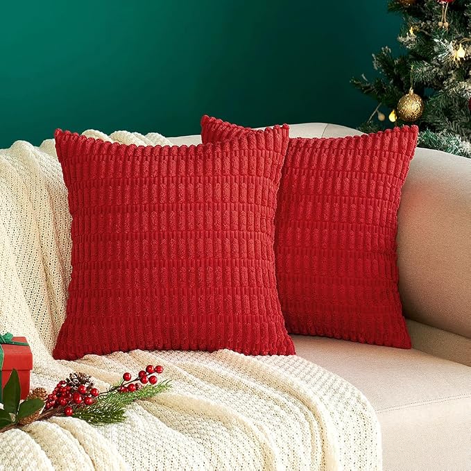 MIULEE Euro Sham Corduroy Decorative Throw Pillow Covers 24x24 Red Set of 2 | Soft Boho Striped Pillow Covers Modern Farmhouse Home Decor For Sofa Living Room Couch Bed