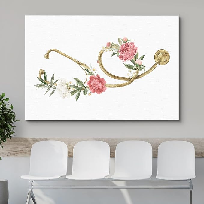 wall26 Canvas Print Wall Art Gold Doctor's Stethoscope Rose Flowers Medical & Hospital Health Illustrations Modern Art Floral Botanical Colorful Decorative for Living Room, Bedroom, Office - 32"x48"