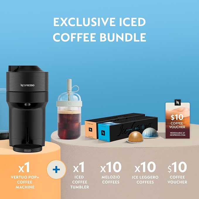 Nespresso Vertuo Pop+ Iced Coffee & Espresso Maker Bundle by De'Longhi | Iced Coffee Bundle by De'Longhi in Liquorice Black: 10 iced coffee pods, 10 Melozio pods and a travel tumbler included.