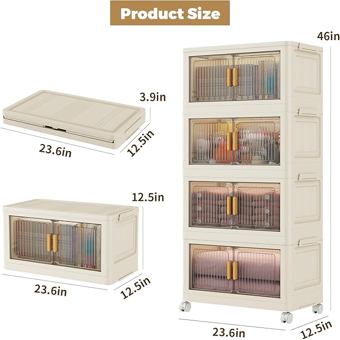 4 Tier Stackable Plastic Storage Bins with Lids 58QT, Collapsible Closet Organizers and Storage with Wheels for Living Room,Office,Dorm