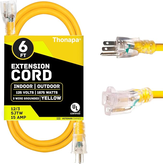 Thonapa Lighted Outdoor Extension Cord 6 ft - 12 Gauge 15 Amp Heavy Duty Power Extension Cords - SJTW - Great for Major Appliances, Power Tools, Garden Supplies - Yellow