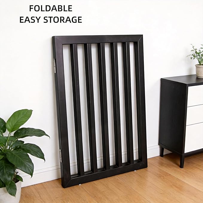 ZJSF Freestanding Indoor Dog Gate for House Foldable Wood Puppy Gate for Doorways Pet Gate for Stairs Extra Wide Pet Fence, Black, 24" Height 4 Panels
