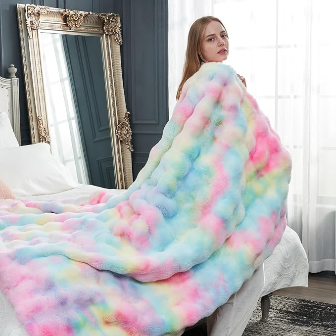 Cozy Bliss Faux Fur Throw Blanket for Couch, Fuzzy Soft Plush Thick Bubble Blanket for Sofa Bedroom Living Room,50 * 60 Inches Tie-dye Rainbow