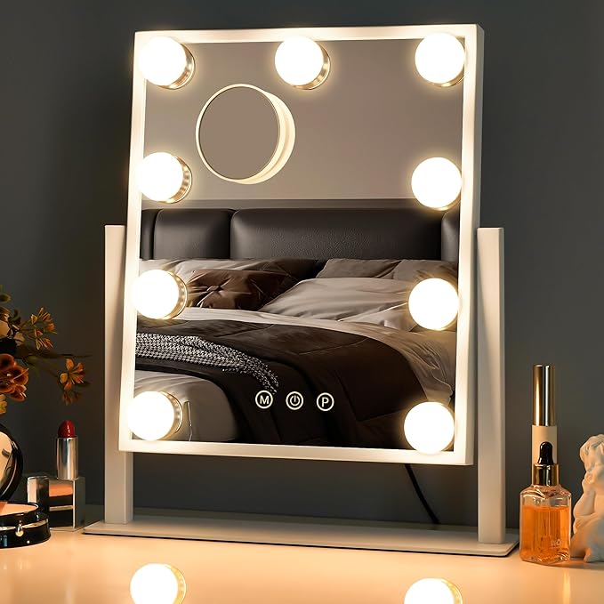 Sucedey Vanity Mirror with Lights, Makeup Mirror with Lights, 3 Color Lighting Modes Detachable 10X Magnification Mirror Touch Control, 360°Rotation, White