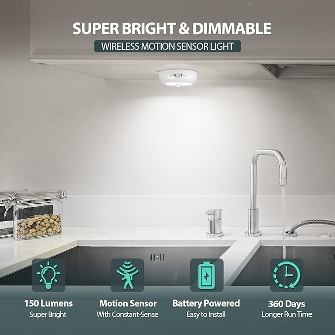 Alivation Motion Sensor Light Indoor, LED Closet Lights Battery Operated, Motion Sensor Night Light Under Cabinet Lighting, 3 AA Battery Powered Lights, Puck Lights for Wall, Stair, Dimmable (3 Pack)