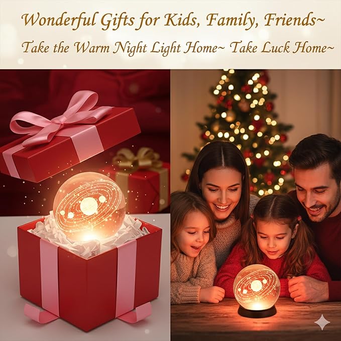 3D Crystal Ball Night Light, Galaxy Lamp Sphere Orb with 7 Color LED on Wooden Base, Glass Globe Lamp for Bedroom Decor, Celestial Cosmic Crystal Light, Birthday Gift for Teens Boys Girls (Saturn)
