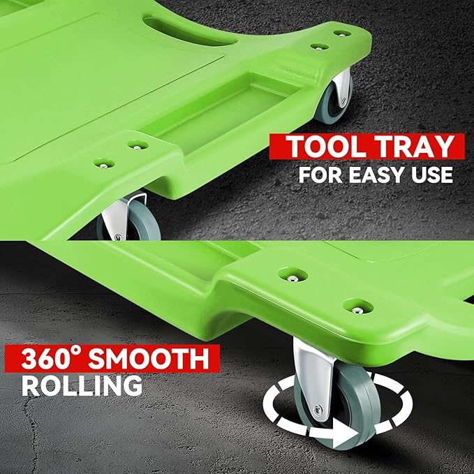 Auto Dynasty 40 Inches Mechanic Creeper, Automotive Garage Repair Low Profile Under Car Rolling Creeper with Padded Headrest, Plastic, Green