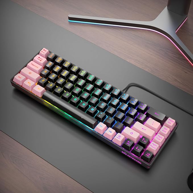 GEODMAER 65% Gaming Keyboard, LED Backlit, Ultra-Compact Anti-Ghosting No-Conflict 68 Keys Membrane Gaming Wired Keyboard for PC Laptop Windows Gamer(Black-Pink)