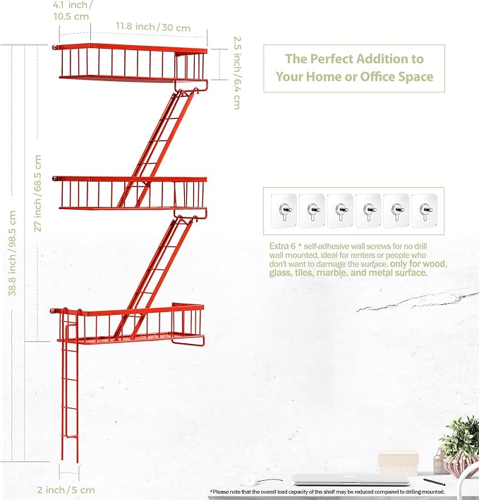 Fire Escape Wall Shelf Red - New York Wall Art Decorative Figure Display Floating Shelves Metal Racks for Living Room, Home Office Storage (3-Tier)
