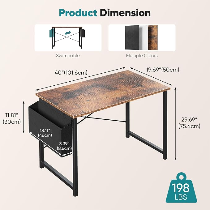 OLIXIS Small Computer Desk, 40 Inch Gaming Desks for Home Office | Writing Study Craft Work Table, Computer Workstation for Bedroom Small Spaces with Storage Bag, Rustic Brown