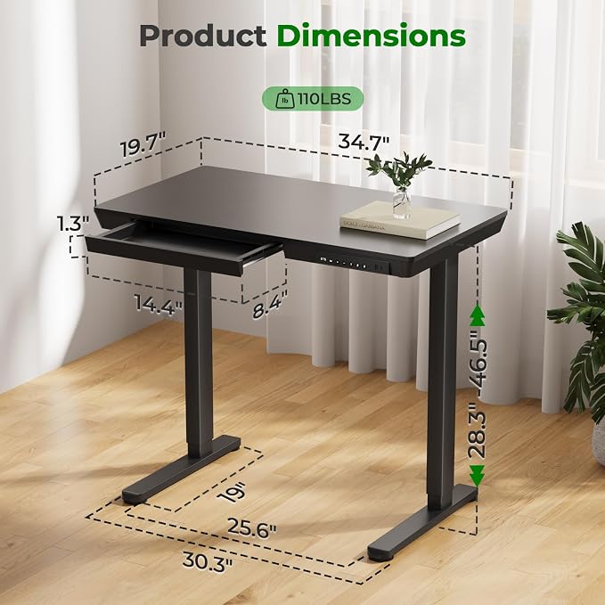 35" Electric Standing Desk with Drawer, 4 Lockable Wheels | Height Adjustable Quick Install One-Piece Tabletop with USB Charging Port, Small Sit to Stand up Desk for Home Office, Black