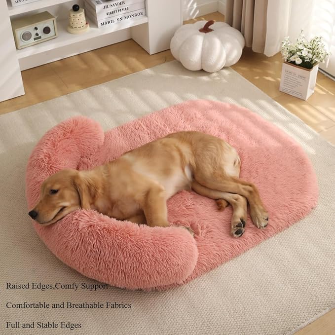 Calming Dog Bed - Fluffy Plush Mat with Removable Washable Cover | Furniture Protector for Large Dogs & Cats(Khaki,47.24X29.53X5.91in)