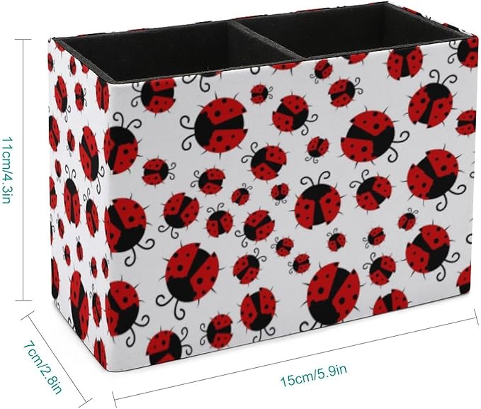 Pen Holder, Pencil Holder for Desk Organizer, Summer Red Ladybugs PU Leather Pencil Cups Desktop Stationery Storage Makeup Brush Holder Pen Organizer for Office Home