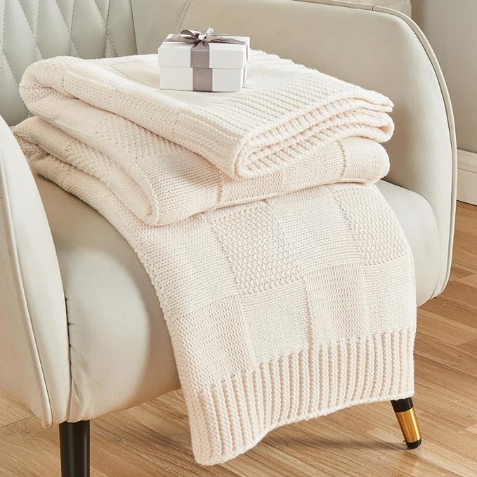 CozeCube Cream White Knitted Checkered Throw Blanket 50"X60" | Check Knit Throw for Couch, Decorative Christmas Soft Cozy Warm Blanket for Bed Sofa Living Room