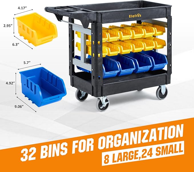 Elafros 2-Tier Utility Cart with 32 Storage Bins – Heavy-Duty Rolling Service Cart with Deep Tub Shelves, Locking Wheels, 550 lbs Capacity, 40.7"x17", for Workshop, Garage, Office