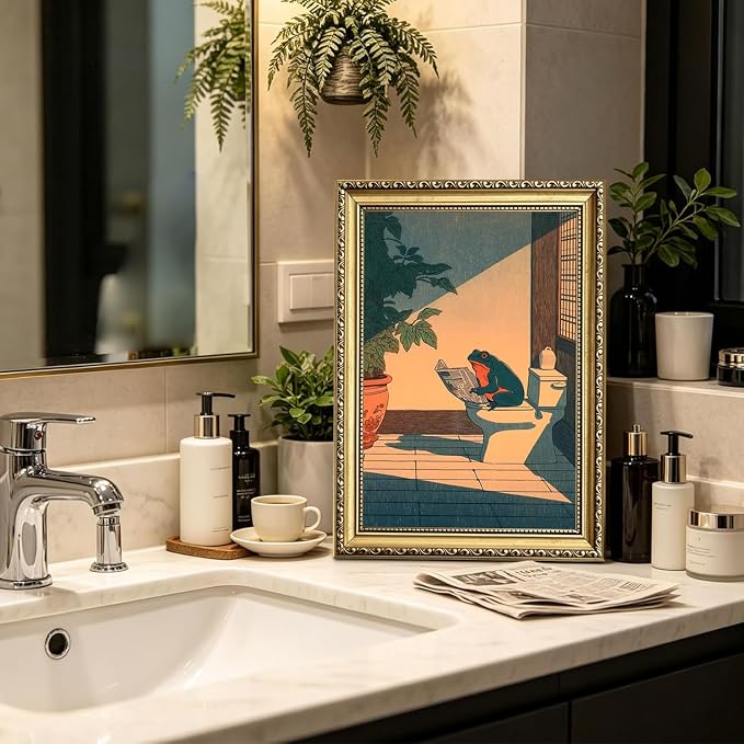 Funny Frog Bathroom Wall Art, Cute Japanese Frog in Toilet Wall Decor, Whimsical Green Animal Restroom Poster Canvas Painting Prints Artwork 16x24 inch Gold Framed