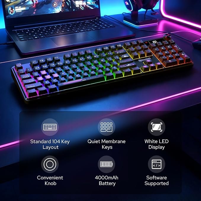 Redragon K526 PRO Wireless RGB Membrane Gaming Keyboard, LED Screen & Knob | See Battery, Mode & Time at a Glance, 0-Delay Tri-Mode, One-Touch Backlit & Media Adjust, 26-Key Anti-Ghost for Combo-Strike