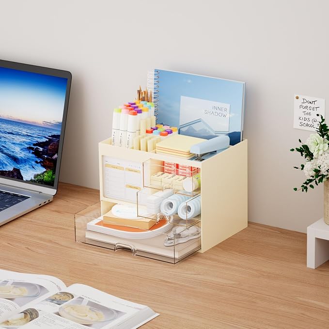 Marbrasse Desk Organizer with 3 Drawer, Multi-Functional Pencil Pen Holder for Desk, Desktop Organizer Storage for Office Home Art Supplies (Beige)