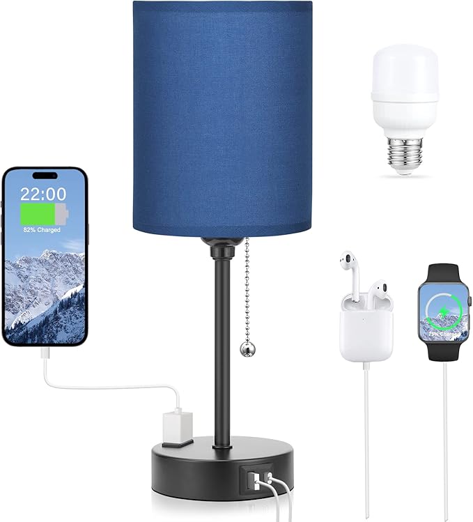 Blue Table Lamps 3 Color Temperatures - 3000K 4000K 5000K Bedside Lamps with USB C and A Ports, Pull Chain Lamps for Bedrooms with AC Outlet, Nightstand Lamps with Black Metal Base for Kids Boys