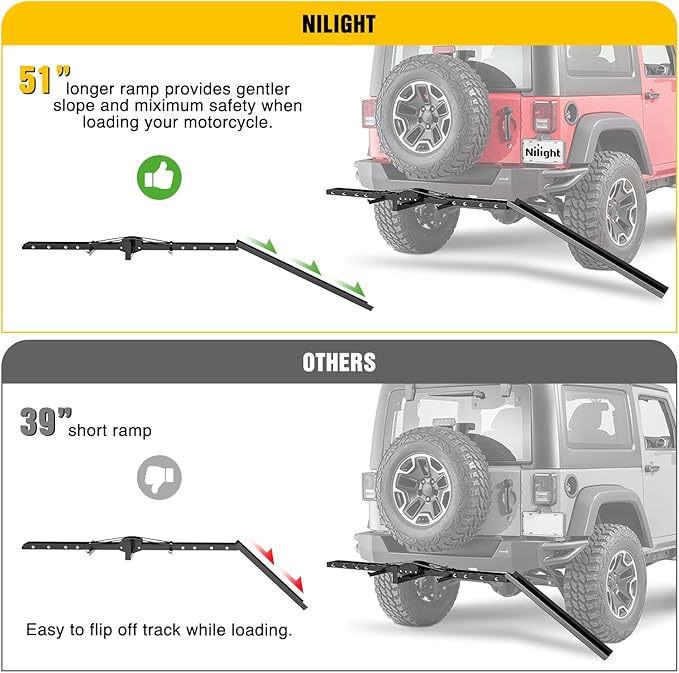 Nilight Motorcycle Hitch Carrier 600LBS, Heavy Duty Dirt Bike Hitch Hauler with 55.11" Longer Ramp, Pin, Tie-Down Strap and Tightener, 2" Receiver, 5" Wide Tire
